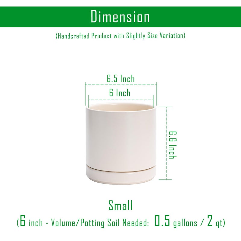 D'vine Dev 6 Inch Ceramic Planter Pot with Drainage Hole and Saucer, Indoor Cylinder Round Planter Pot, Oatmeal, 94-O-C-8 - Image 2